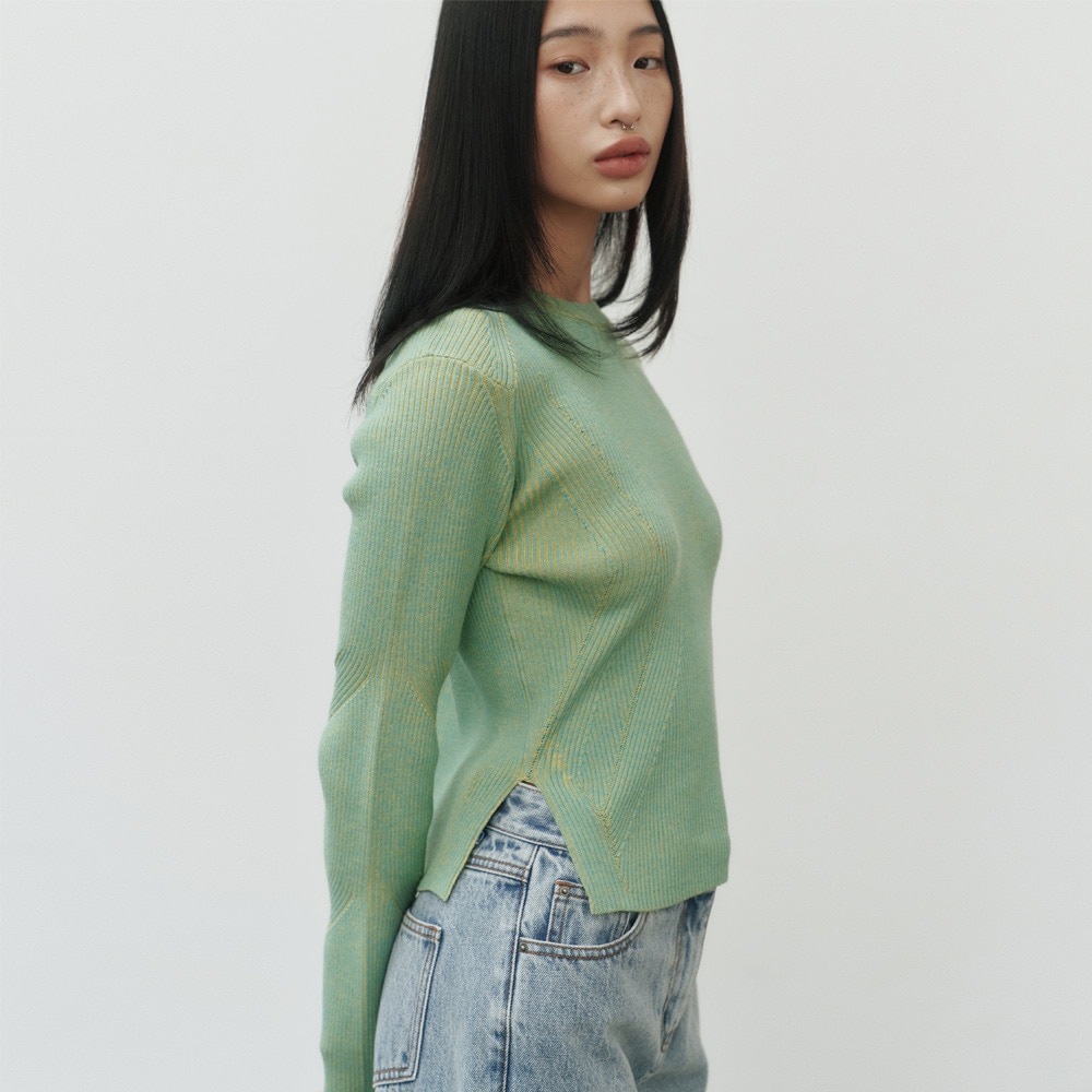 【NOIER 】 TWO-TONE LIBED SLIM FIT KNIT : GREENYELLOW