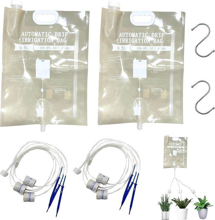 植物 自動水やり機 自動給水器 点滴灌漑 バッグ 大容量 流量調整可能 出水口x3 6.5L 庭 花壇 鉢植え 植木鉢 2個セット S字フック付(クリア（背面はグレー）, 6.5L)