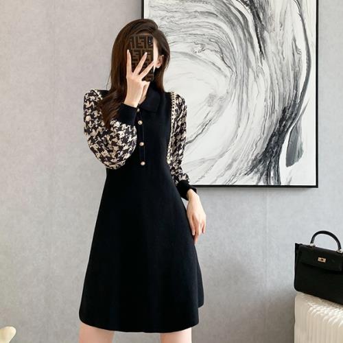 【即納】ワンピース ニットワンピース フレアワンピース 韓国 千鳥格子 無地 ラウンドネック 春 秋 冬 長袖 ひざ上丈 おしゃれ 可愛い ニット 個性的 切替 お呼ばれ レトロ 上品 Aライン 体型