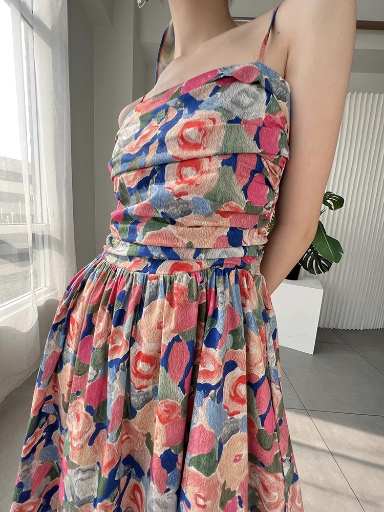 フラワー ネオン ドレス ピンク ドレス 女性 夏 フローラル ビーチ サスペンダー スカート 個性的 ワンピース ロング ロング丈 袖なし ノースリーブ スクエアネック 襟なし シンプル カジュアル