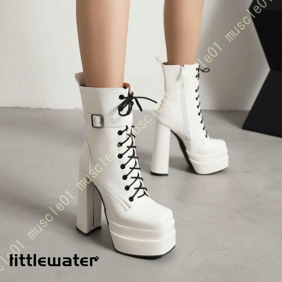 ファッションブーツ レディース ショートブーツ 太ヒール 編み上げブーツ 前厚 厚底 美脚 サイドジップ 靴 レースアップ 袴ブーツ パンク靴 歩きやすい