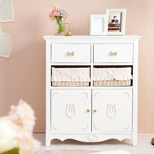 【完成品】 フリルがかわいい 姫系 ロマンティック スリム チェスト 大人かわいい おしゃれ リボン ホワイト家具 玄関収納 木製 コンパクト