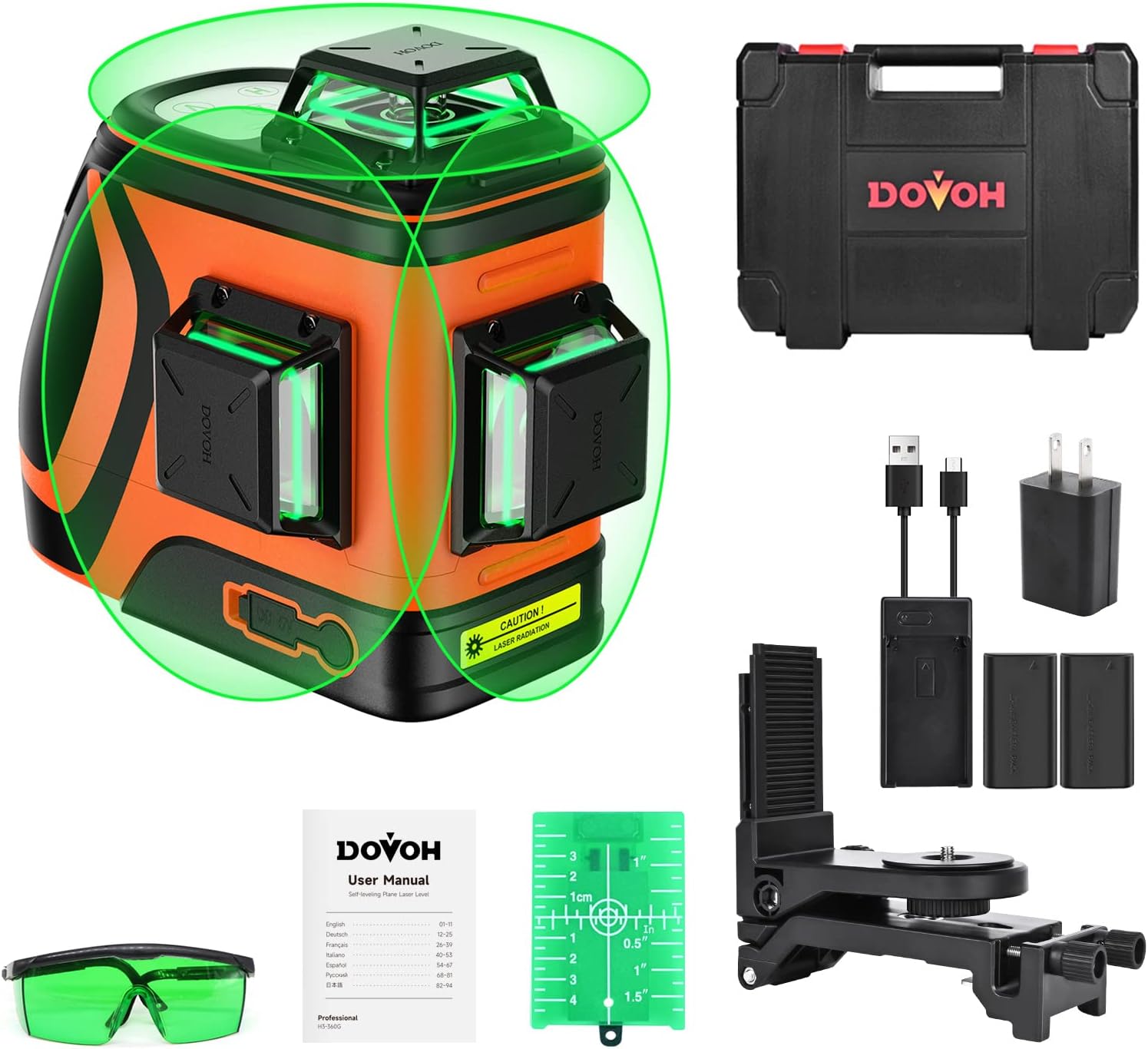 DOVOH レーザー墨出し器 レーザーレベル 屋外用 110mw 高輝度 レーザー水平器 360度 フルライン 高精度 充電式水準器 建築用 自動補正 12ライン グリーン 墨出し機 Type-C充電