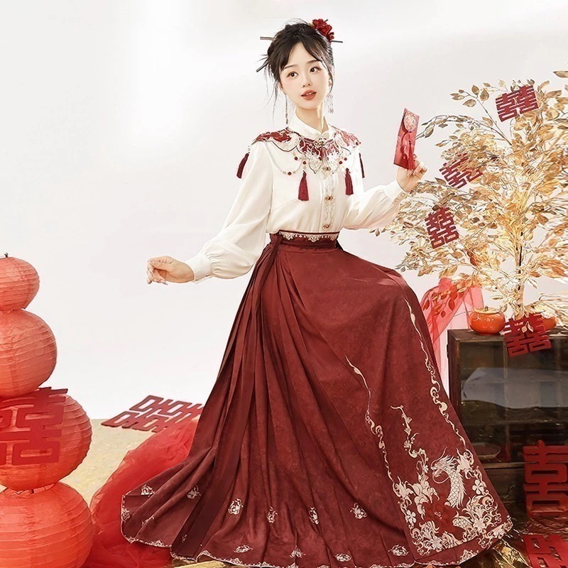 正規品デザイン赤いスカート雲肩cos服乾杯婚約服新韓国