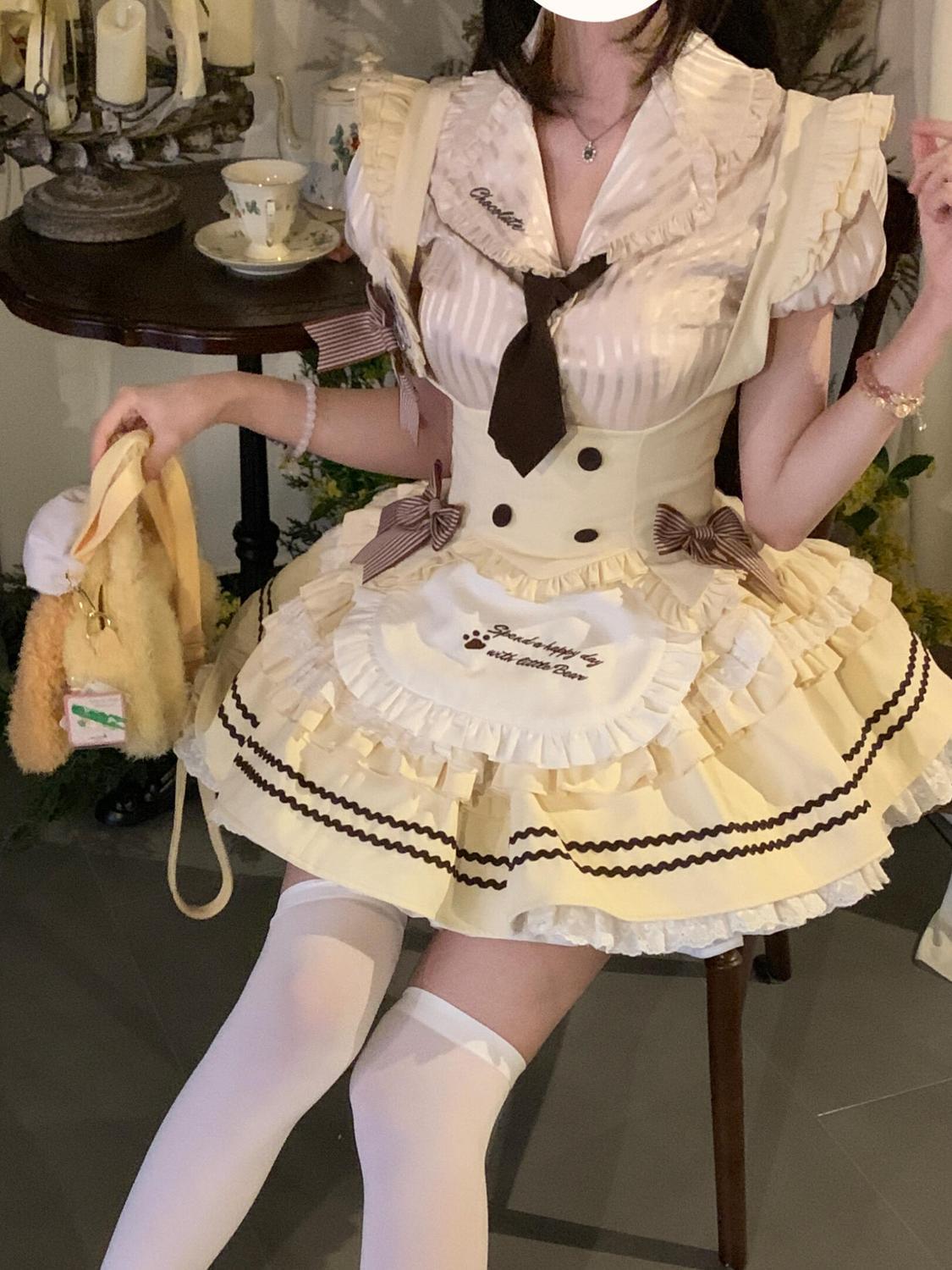 【即納】コスチューム 新作甘美かわいいパッチワークフリルシャツウエストマークベストフリルスカートロリータ3点セット ロリータ
