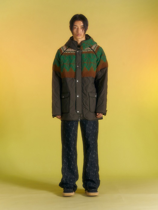ADSB ANDERSSON BELL for MEN UNISEX NORDIC KNIT PATCH QUILTED PARKA awa555u(KHAKI) 限定版 韓国の人気ファッショ