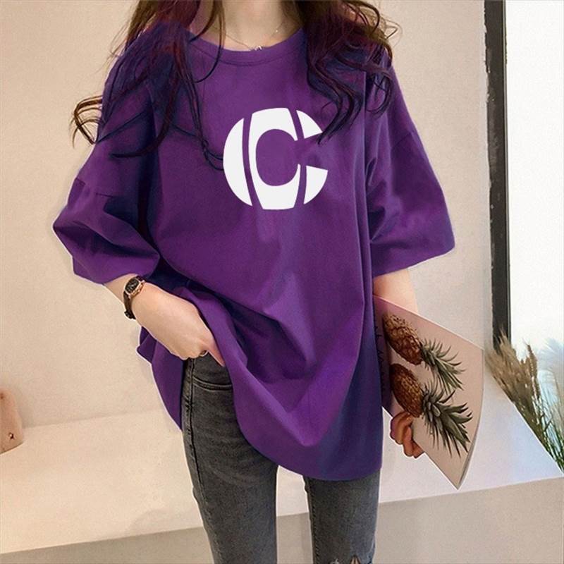 ラウンドネック ス 夏 L カジュアル 大人可愛い S プリント ワイド レディース Tシャツ オレンジ オーバーサイズ 2XL ミディアム丈 XL 紫 M 緑 ドロップショルダー 大きいサイズ Tシ