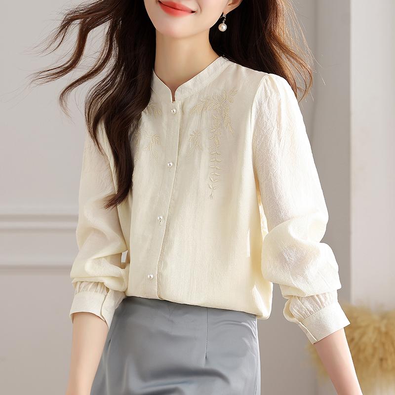 シャツ ブラウス 刺繍シャツ チャイナ風 長袖 春秋 フェミニン エレガント 上品 アーバン ノーブル オフィス ビジネス 学校行事 万能コーデ レディース マザー 婦人服