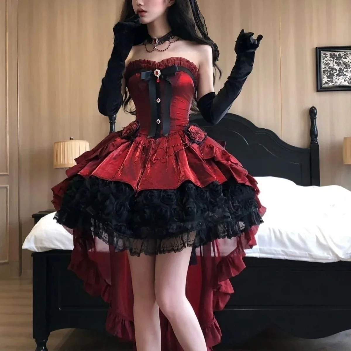 今季新作ゴシック風ローズレッド ロリータ ロングスカート イブニングドレス バラのレース プリンセススカート ワンンピース