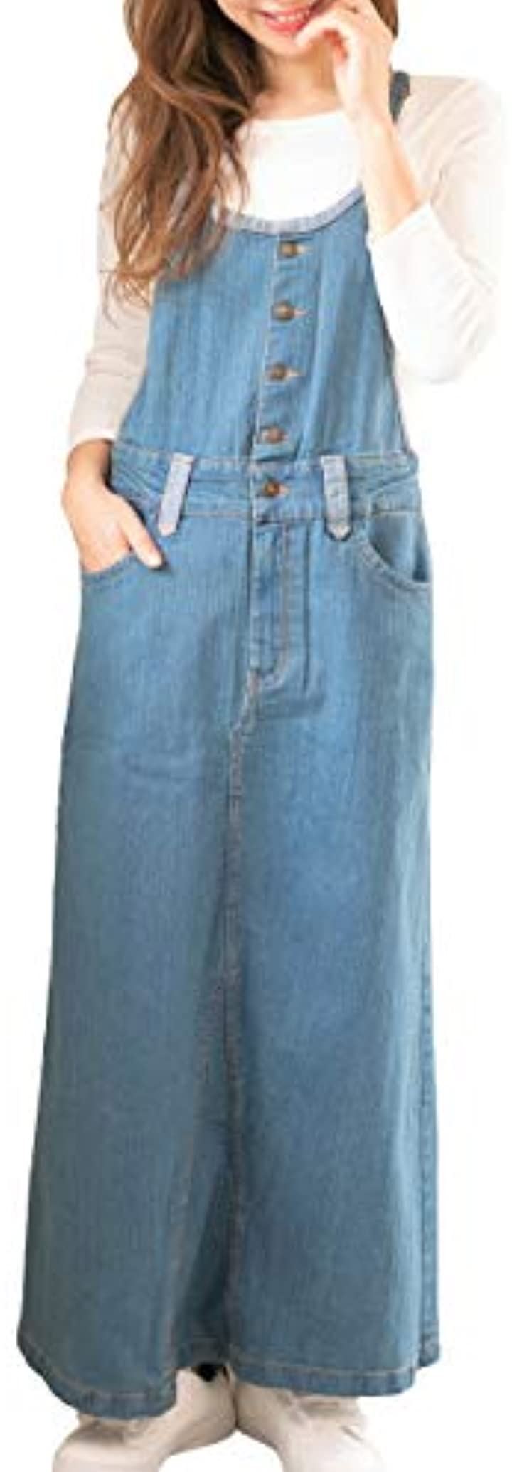 サロペット オールインワン ロング スカート マキシ丈 デニム ツイル オーバーオール 綿 レディー