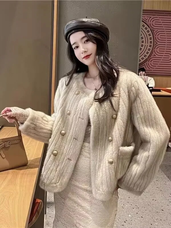 人気商品 2025秋冬新作ヨーロッパミンクベルベットイミテーションミンクラウンドネック縦ストリップ厚みのあるレディースカーディガンファージャケット複合ファー一体型