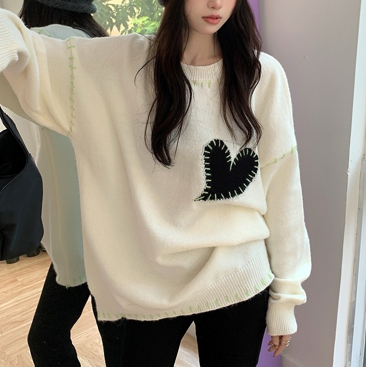 オーバーサイズ ハート型アップリケ 配色 ステッチ アクリル トップス セーター チュニック