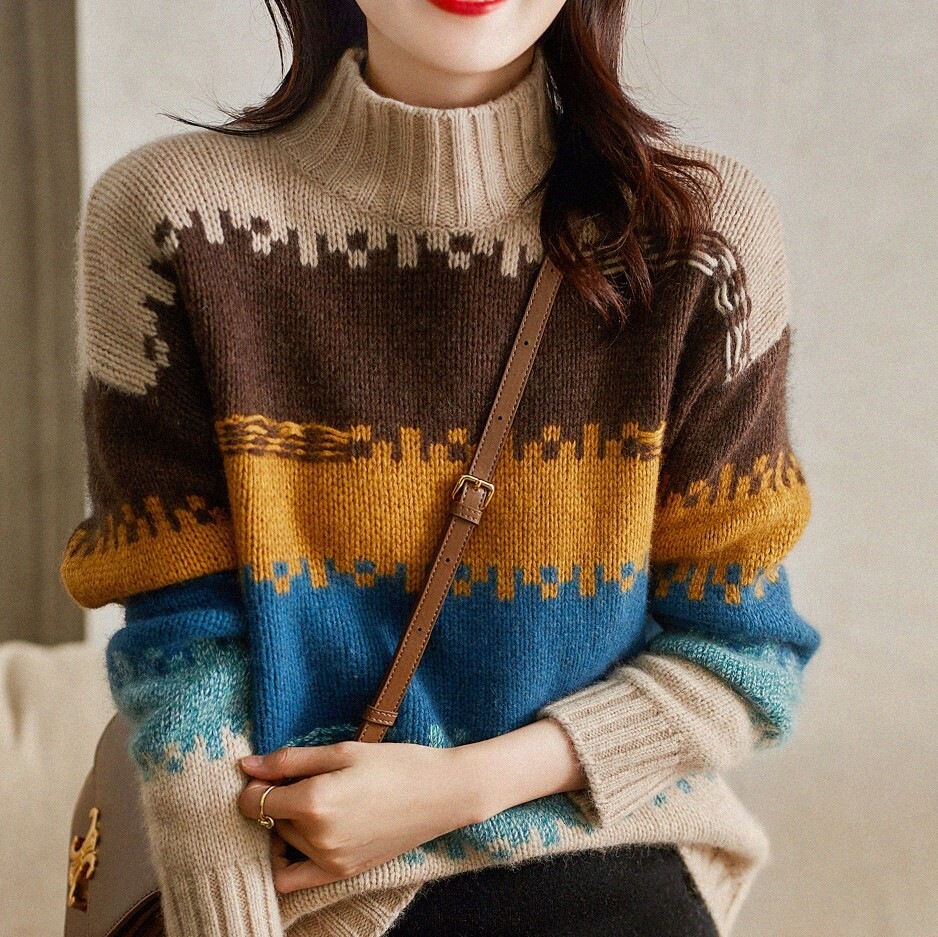 ボーダー柄セーター ブラウン トップス ニットソー セーター スリム 細身 ストレート スマート