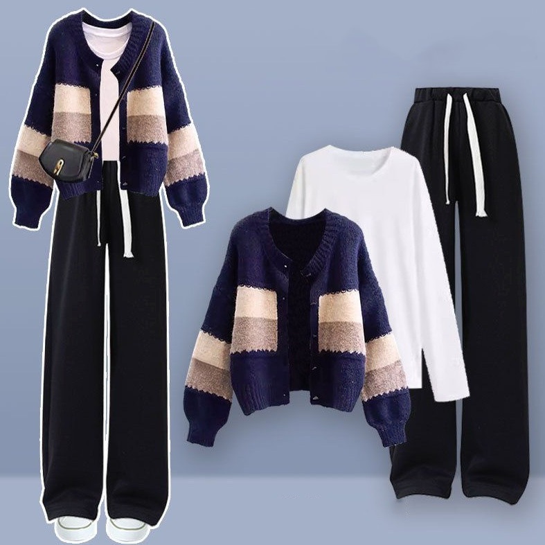 【新作追加】 柔らかくて優しい印象 フェミニン 清新 長袖 配色 アウター＋ホワイト ｔシャツ＋カジュアルパンツ 3点セットアップ