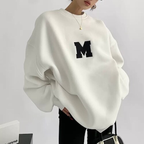 レディース 3color Mロゴ ビッグサイズ スウェット 英字 オーバーサイズ ボリュームスリーブ ドロップショルダー 大人可愛い ママコーデ ママファッション 韓国系 オルチャン 人気 トレンド
