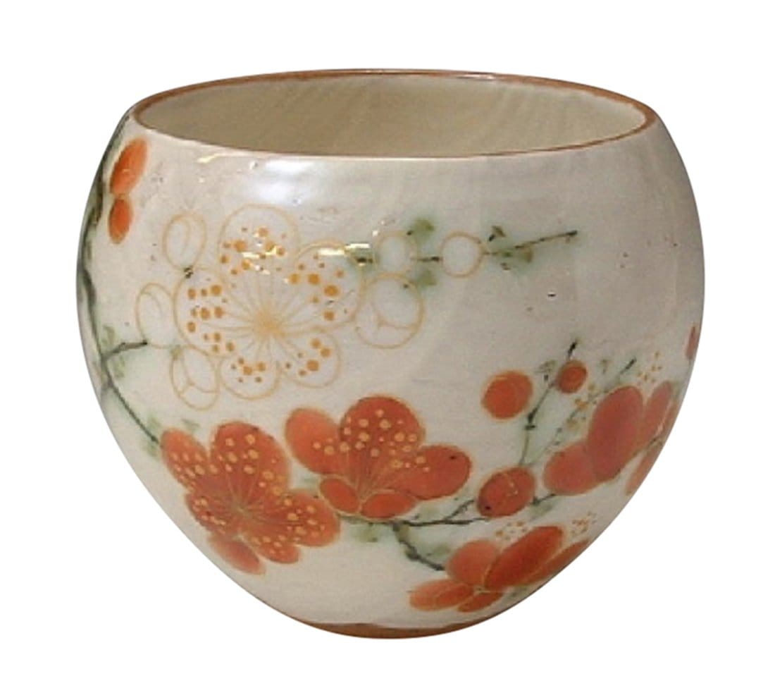 京焼 清水焼 お茶呑茶碗 (化粧箱入) クリーム 直径9cm 陶あん窯 花揃え(紅白梅) AHS-06