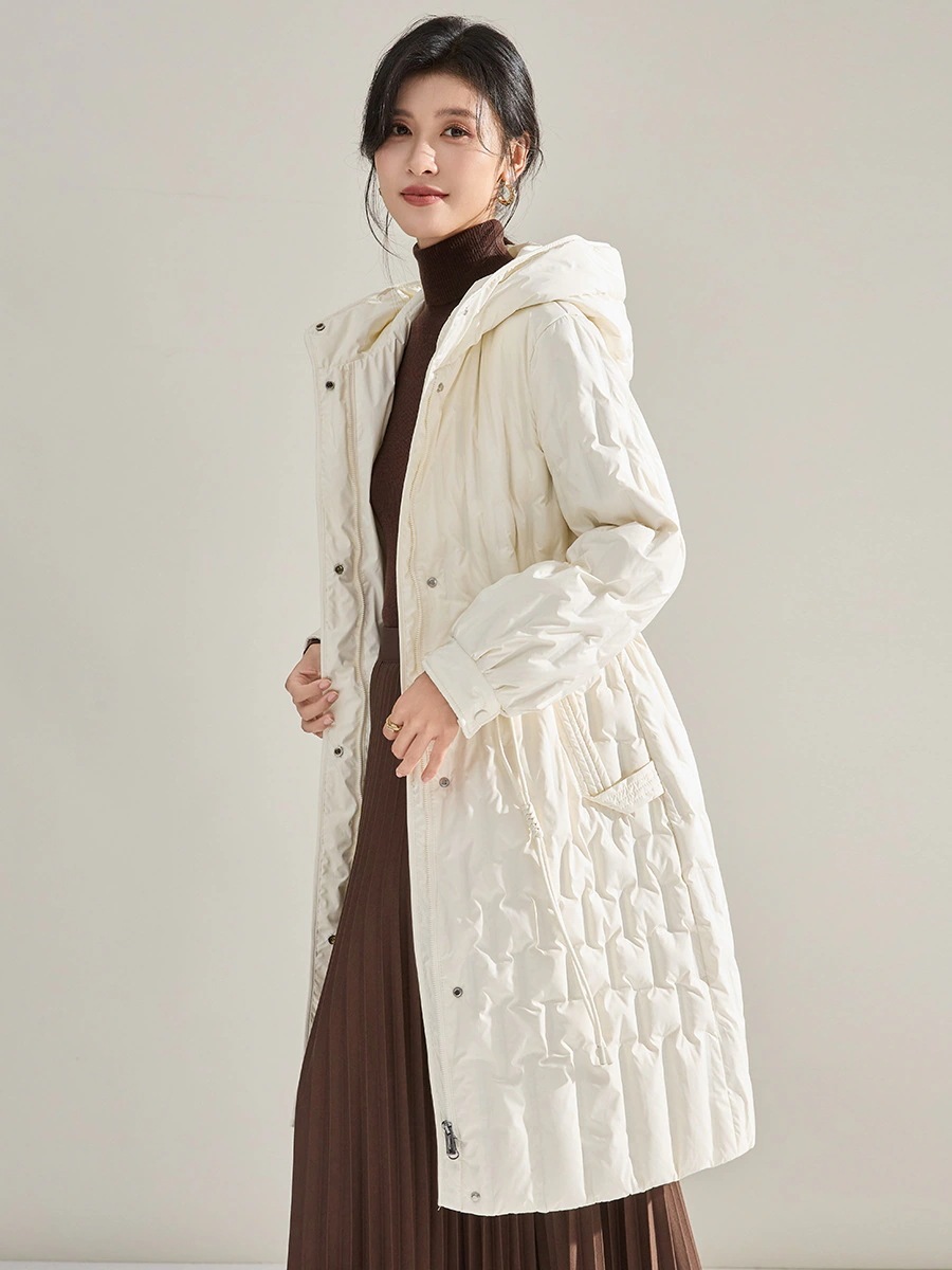 ロングウエストジャケット緩いフード付きファッションドローストリングスキニーの新しいホワイトダックダウンジャケット