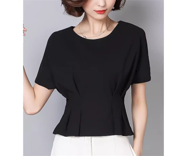 レディース トップス カットソー プルオーバー Tシャツ ショート 半袖 ラウンドネック スリム 細身 シフォン 大人可愛い きれいめ シンプル カジュアル 上品 おしゃれ かっこいい こなれ感 ラフ