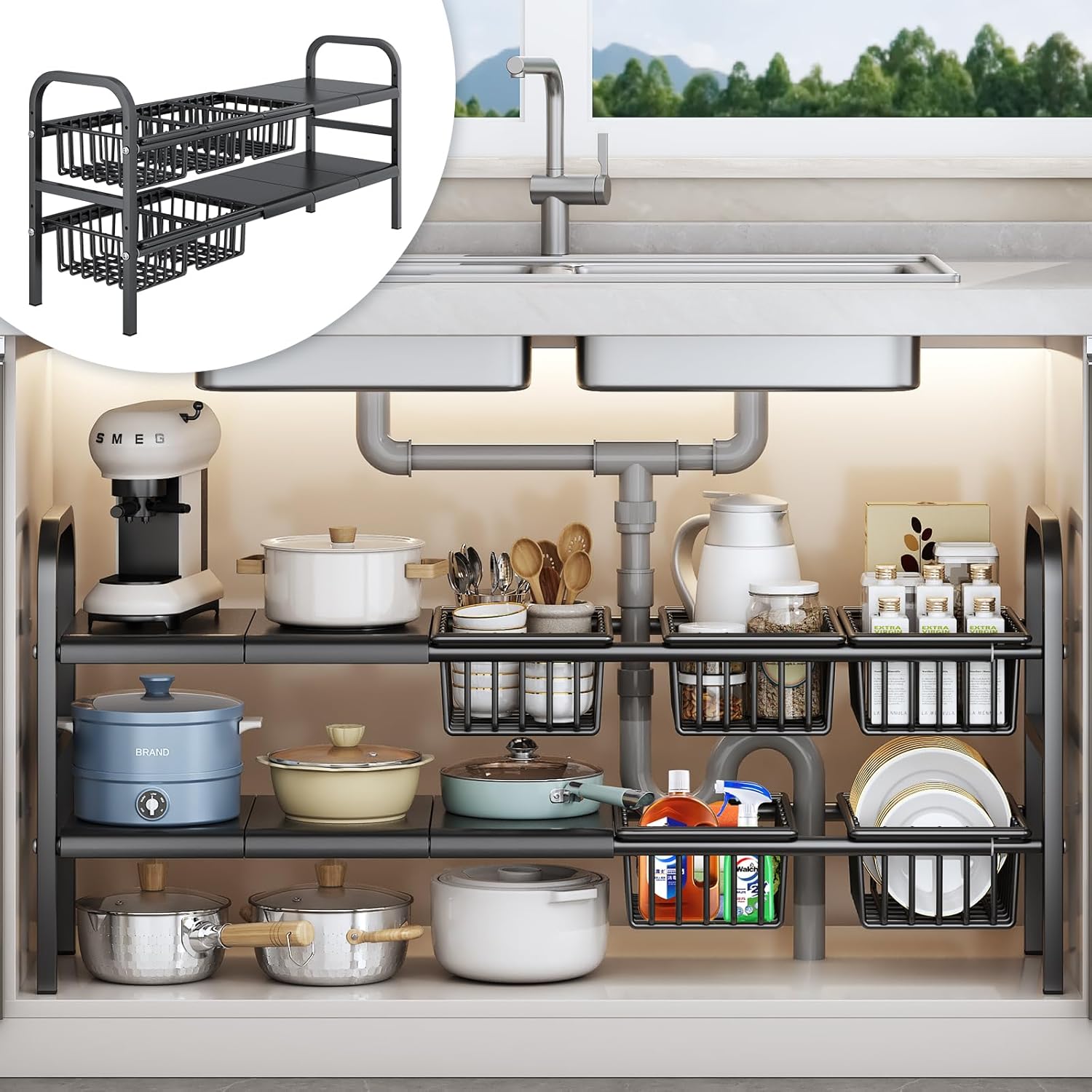 横幅調節 伸縮シンク下収納ラック 2段 棚板5枚＋収納バスケット5個付 組立簡単 キッチン下・流し台・洗面台下 幅53-88×奥行25.5×高さ49cm ブラック