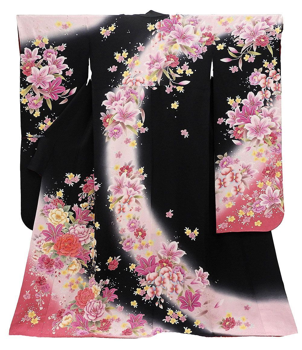振袖 正絹 百合牡丹蘭模様 身丈170cm 裄丈68cm 振袖 美品 リサイクル 着物 e0909