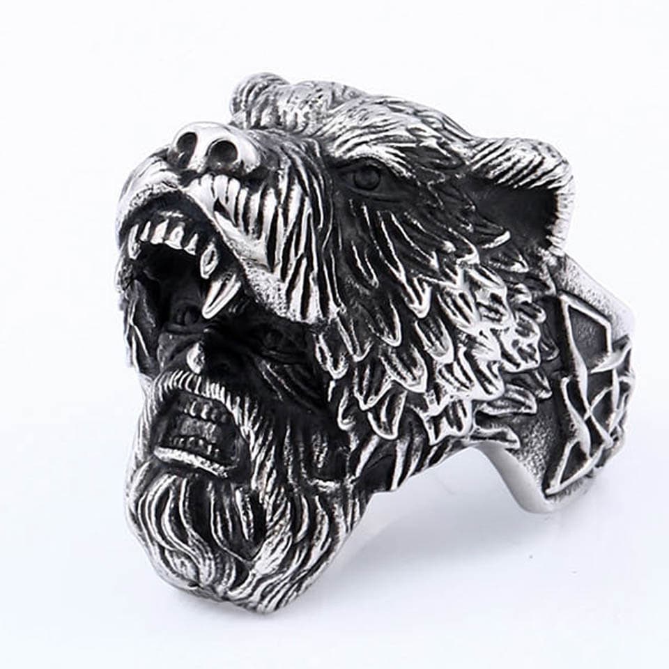 マタギステンレススリング（ERB065）クマの顔 熊の頭 アニマル 動物 猟人 狩人 猟師 リアル 3Dデザイン 立体 指輪 男性 女性 プレゼント アクセサリー 大きい r0077xxxxxxxx
