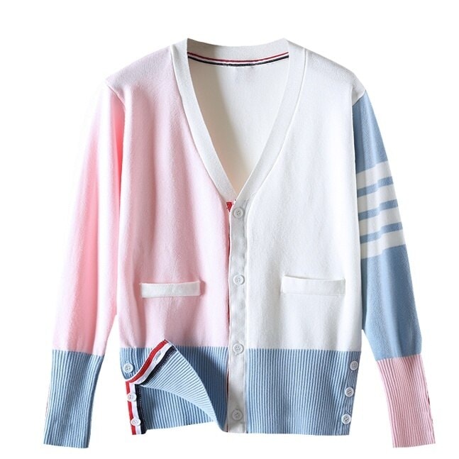 カラーマッチング3色ウェビングセーターカーディガン ワンカラー トップス ニット カーディガン 春 秋 かわいい きれいめ カジュアル ゆったり 長め 長袖 萌袖 Vネック ボタンダウン アシンメトリ