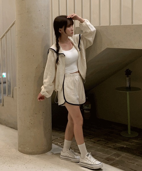 [uvカットアイテム/梅雨ルック] リネン セーラー 配色 カラー ストリング ジップアップ 2color