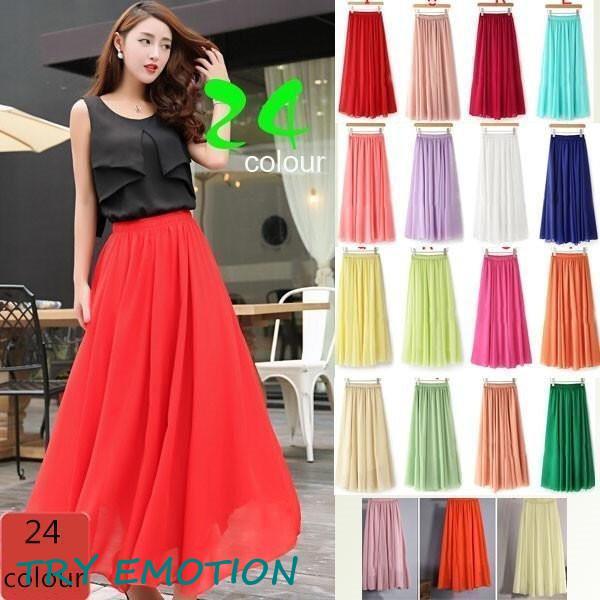 【即納】全２４色シフォンスカートマキシスカートフレアスカートシフォンマキシ丈スカート夏リゾートウエストゴムロングスカート結婚式発表会80cm/90cm100cm