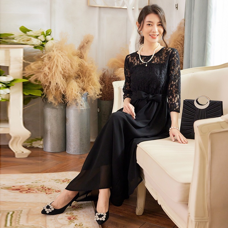 ワンピース ドレス ロング 丈長 7分袖 ラウンドネック セミフレア スリム Aライン レース ウエストマーク ウエストリボン 透け感 大人可愛い きれいめ 上品 おしゃれ こなれ感 ガーリー 個性的