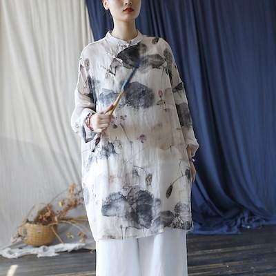 オリジナル夏ラミー麻デジタルプリント改良チャイナドレスレトロゆったりスタンドカラーで旧ワンピースに