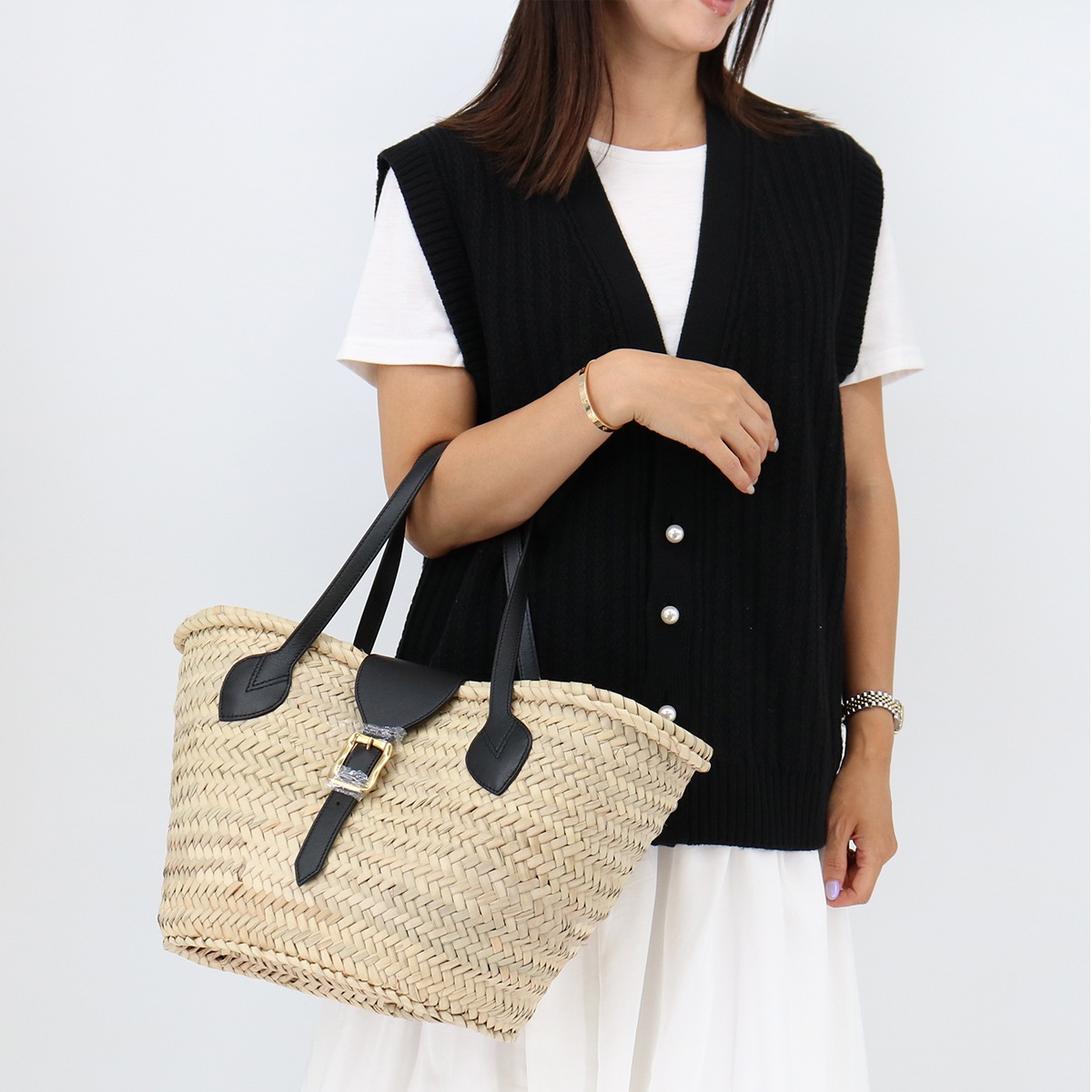 カゴバッグ LMBT-0XX-PLSC MEDIUM BASKET 999G ブラック ナチュラル バスケット ラフィア レザー ミディアム