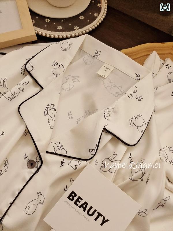 ワイドレッグ　パンツ　レディース かわいい 白い ウサギ 高級 冷感 春秋 パジャマ スイートガール 長袖 ホームウェア ツーピース セット