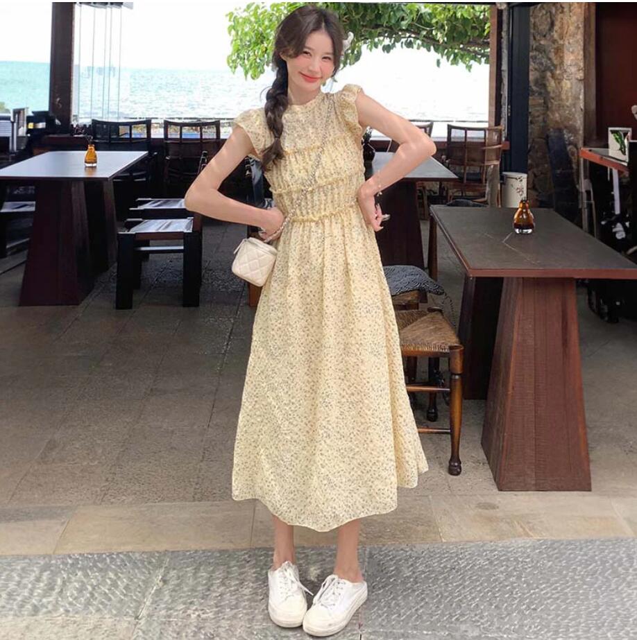 小花柄フリルシフォンワンピース イエロー フレンチ 優しい ラッフル スウィート かわいい ドレス