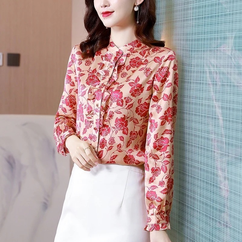 新品更新 杭州の新しい絹のシャツの女性の桑の絹の 春の新しいハイエンドのファッションのプリントシャツのスタイルのトップ