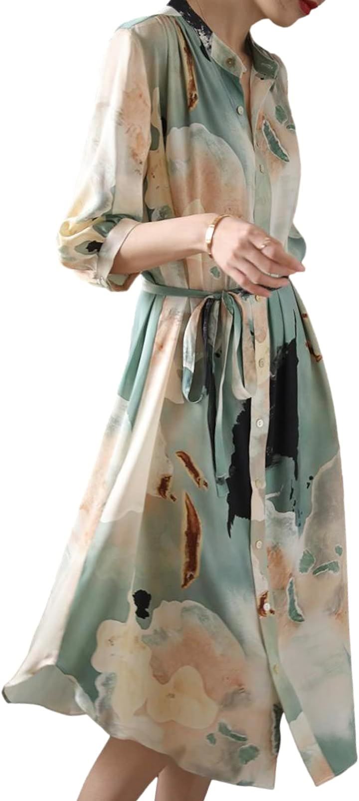 ワンピース アート柄 シャツワンピース ウエストリボン 膝下丈 七分袖 レディース( アート, M)