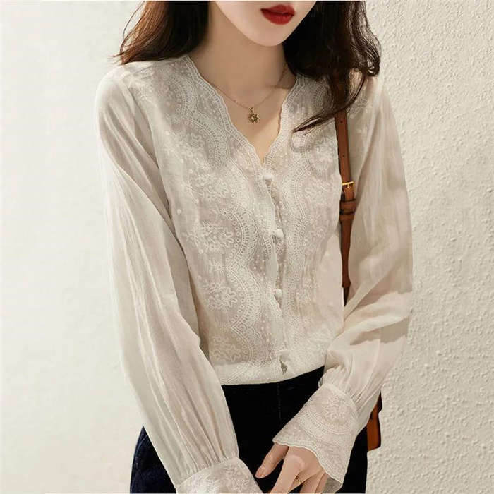 【20点セット】【送料無料】ブラウス レディース 40代 春夏新作 綿麻風 コットンリネン オシャレブラウス 白レースシャツ 長袖トップス Vネック 透かし彫り 上品 大人 通勤OL ゆったりシャツ3