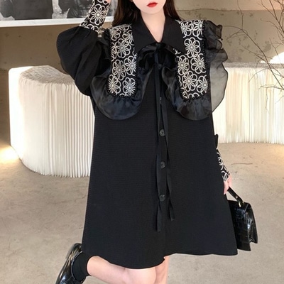 ワンピース シャツワンピース フレアワンピース 膝丈 ひざ丈 膝上 袖あり 長袖 Vネック 襟付き フレア レース 刺繍 チュール かわいい 大人可愛い おしゃれ お洒落 ラブリー キュート ガーリー