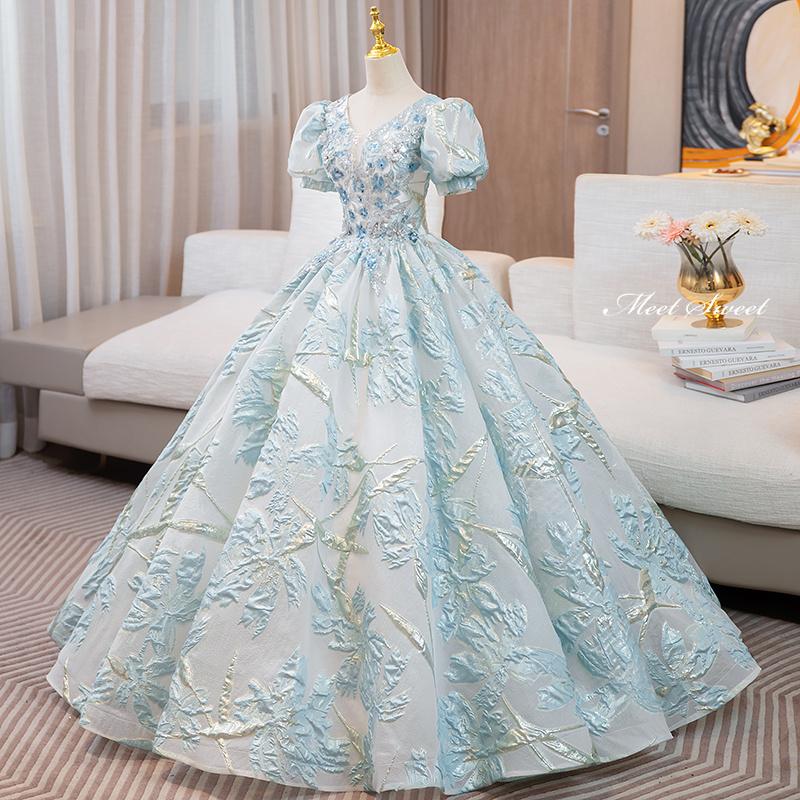 カラードレス プリンセスライン 青 ブルー パフスリーブ 半袖 上品 ロングドレス ウェディングドレス 結婚式 二次会 花嫁 前撮り 演奏会 発表会 ステージ衣装