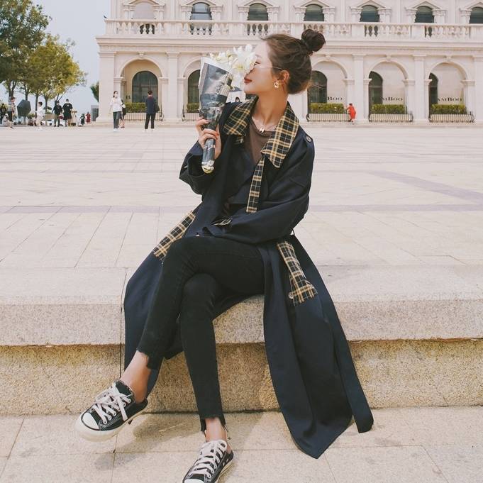 新品 アウター レディース コート ロング トレンチコート ミモレ丈 切り替え バイカラー ネイビー チェック柄 大人カジュアル 長袖 トラッド ウインドブレーカー 無地 格子縞 紺 ミドル丈 女子 6,017円