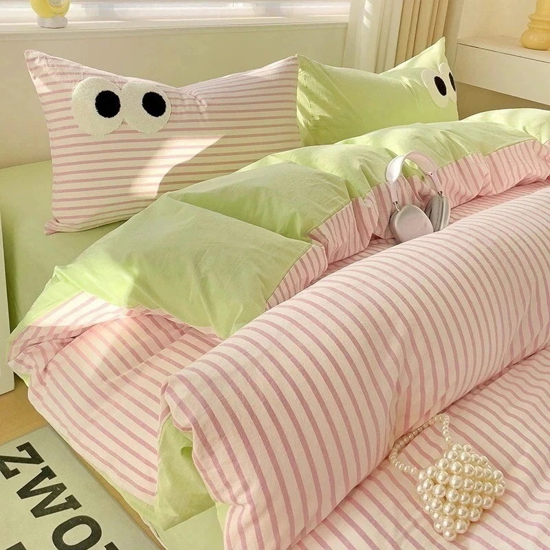 人気 ストライプシンプルな刺繍4ピースベッドシーツキルトカバー寮スリーピースセット布団カバー枕カバー寝具4点セット