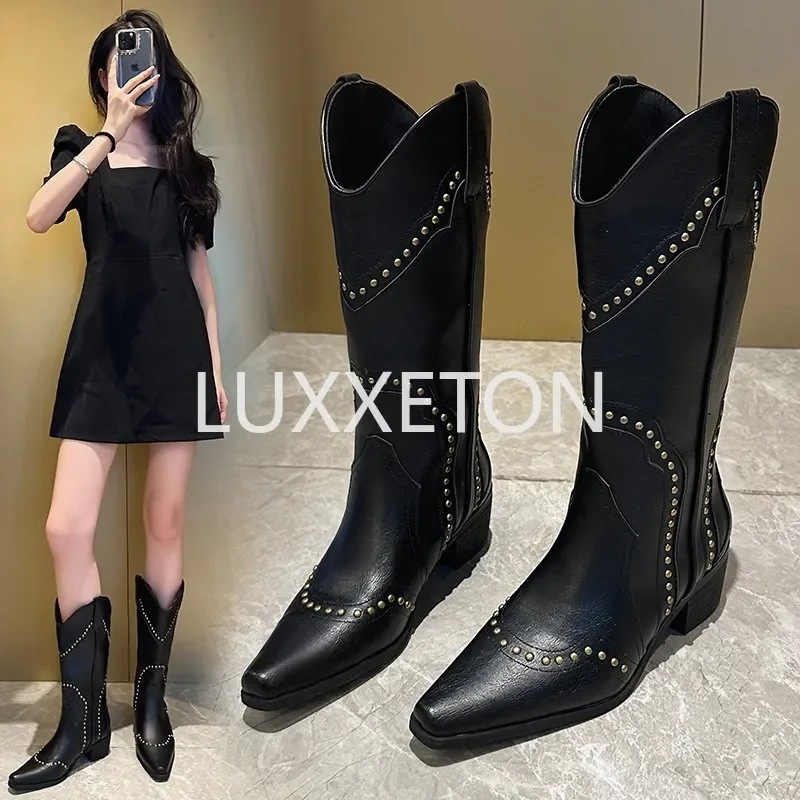 女性用スクエアヒールブーツ レトロ エレガント 新品 冬 2023