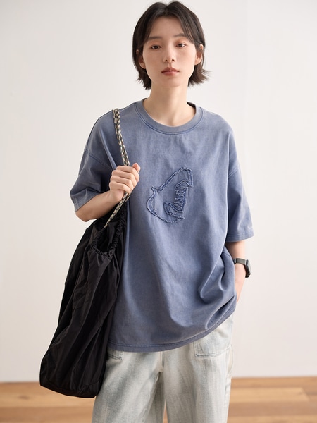 レトロな揚げ塩水洗浄刺繍半袖 Tシャツ夏ラウンドネックルーズカジュアルトップス女性用