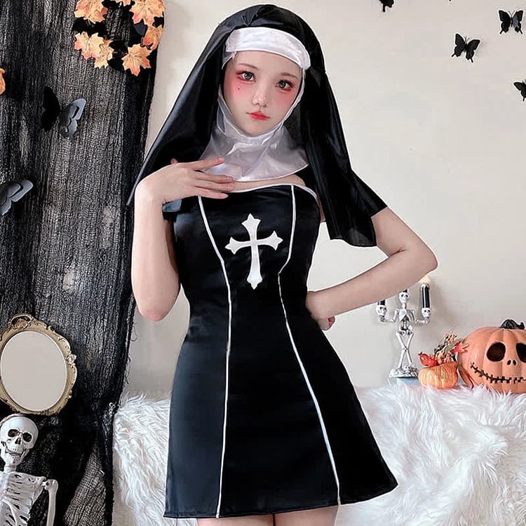 ハロウィン 修道女 コスプレ Aライン ワンピース M XL セットアップ30%までに制限