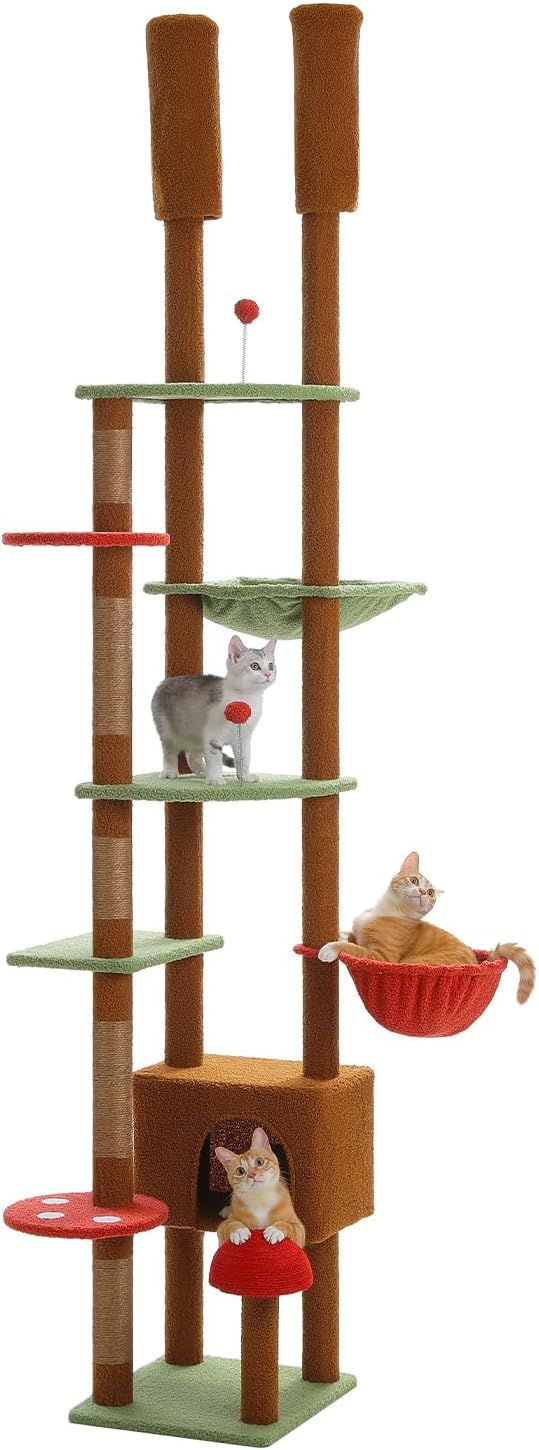 キャットタワー 突っ張り スリム 多頭飼い タマゴタケ キノコ 森 猫タワー ツイン突っ張り コンパクト 省スペース 爪とぎ ハンモック2個 可愛い おしゃれ 運動不足解消 登りやすい - ブラウン