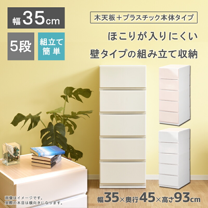 リップスWP355 木製天板 収納ケース プラスチック 引き出し 幅35cm 奥行45cm 5段 ほこりの入りにくい壁タイプ 不透明タイプ クローゼット 押入れ 衣類収納 衣装ケース ＰＰケース