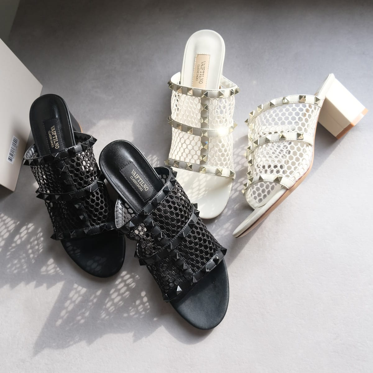 本革メッシュピラミッドスタッズミュールサンダル レディース