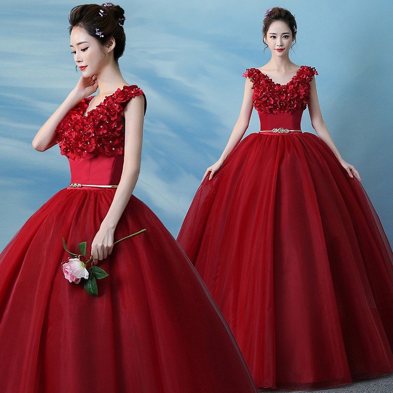 2021新品！演奏会用ロングドレス 人気カラードレス 二次会 花嫁 結婚式 舞台 ワインレッド