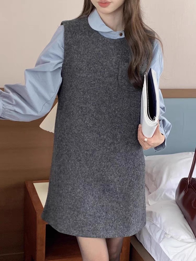 韓国デザイン秋物新作レトロゆったりパフスリーブブラウス+ベストワンピース 秋冬