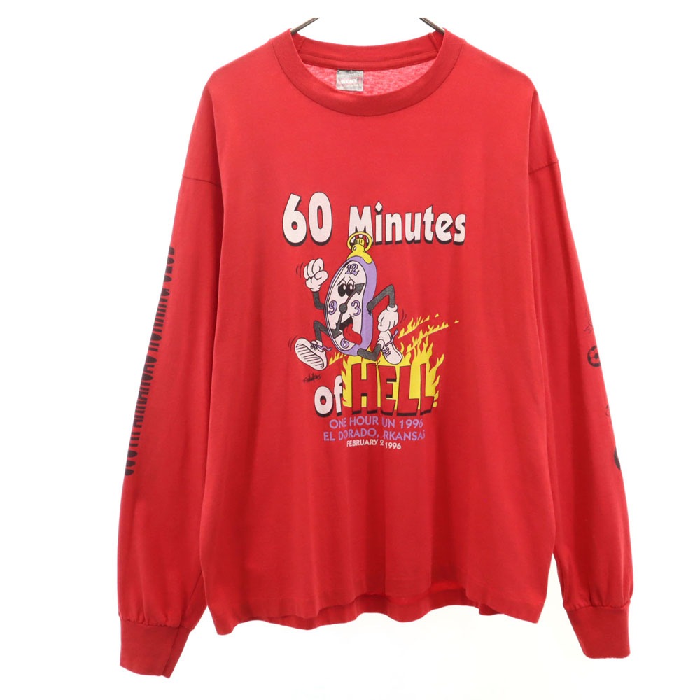 ベスト 90s USA製 オールド 長袖 袖プリント シングルステッチ Tシャツ XL 赤 BEST フルーツオブザルーム ロンT メンズ