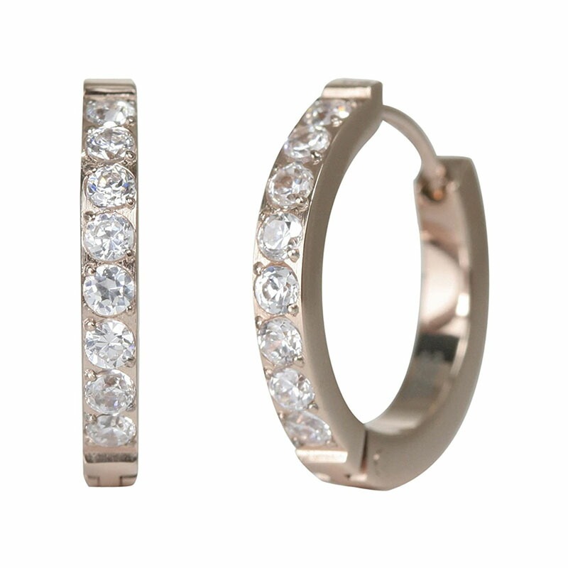 [Negozietto] ネゴツィエット ピアス W1S15Q8-N215PG 低金属アレルギー ステンレス 316L フープ 平打ち 中折れ 8石CZ付 2mm×15mm ピンクゴールド